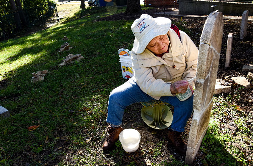 Nancy Thompson Repairing Broken Tombstone